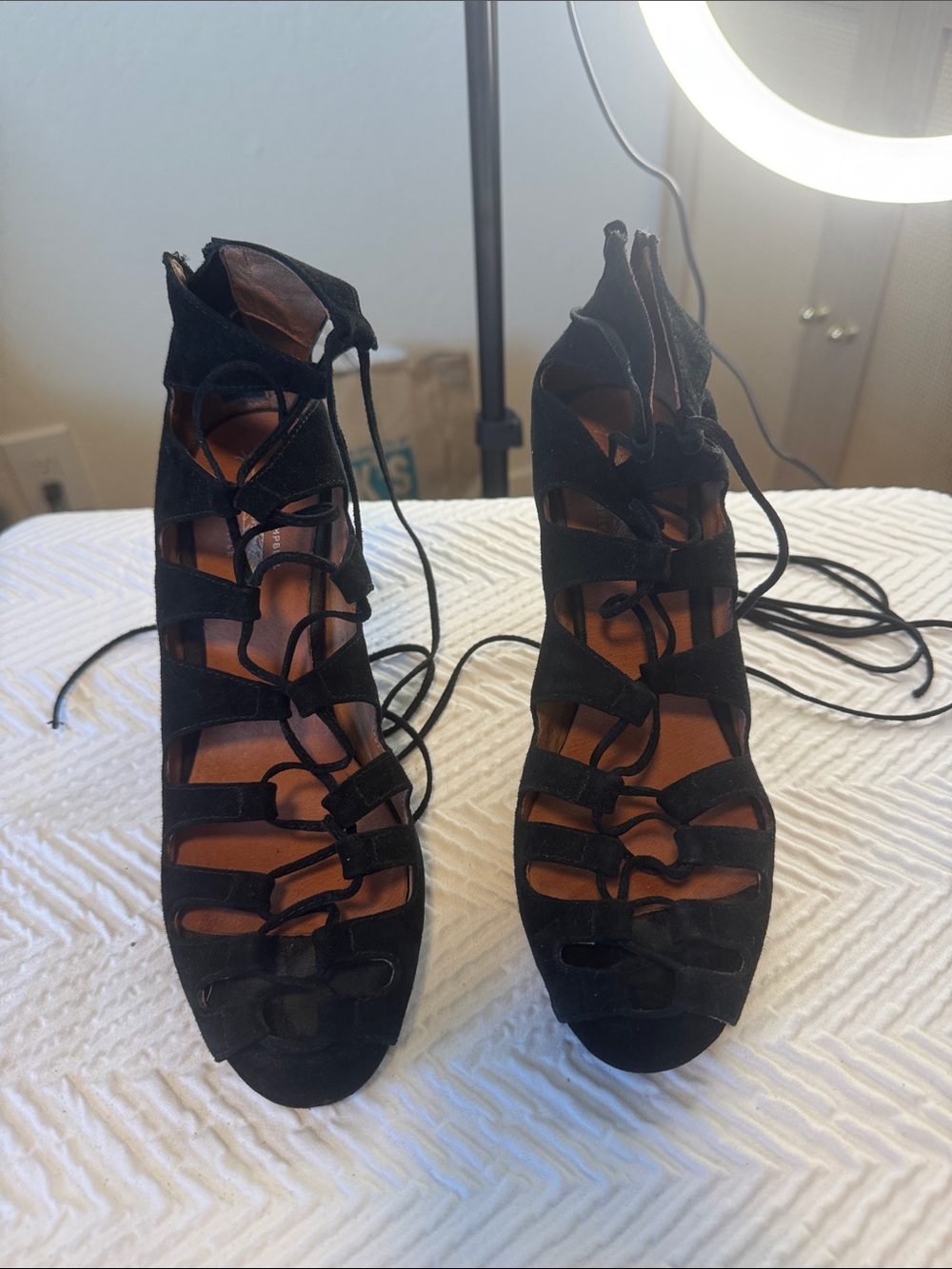 Jeffrey Campbell Black Suede Lace-Up Cage Heels